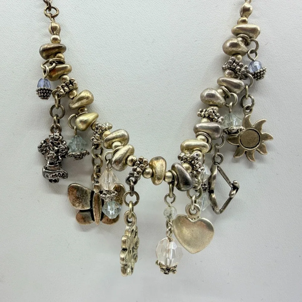 Vintage Silver Tone Multi Charm Necklace Sun Heart Butterfly Celestial Bead Boho